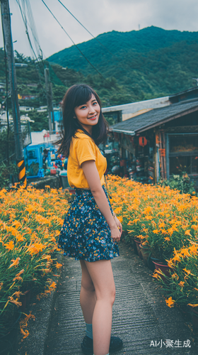 山村小道上的快乐少女与花海美景