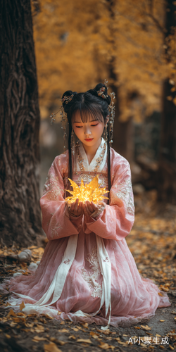 秋天的氛围,超萌Q版少女,手捧发光的星星,落叶,,高大的银杏森林,超萌少女IP粉彩小 样,盲盒玩具,光泽细腻,背景干净,3D渲染,oc渲染,极品 4k,超去污