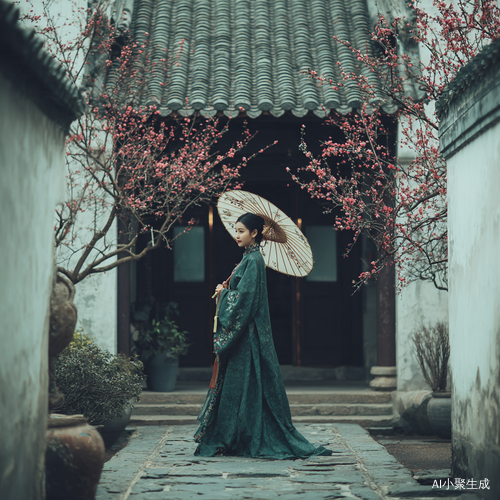 “古雅的中式庭院,青瓦白墙,院中梅花盛开,一位身着汉服的女子手持团扇漫步”