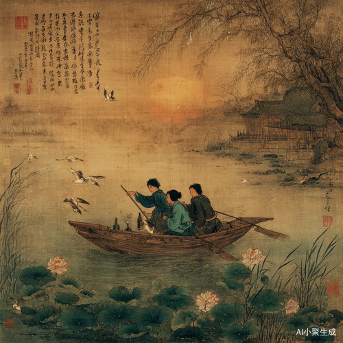 李清照与姐妹夕阳湖畔醉玩争渡惊鸥鹭