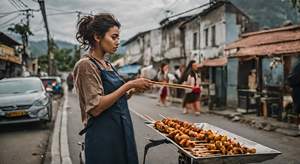 一个女人在路边吃炸串