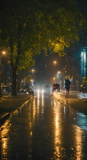 春天夜晚下雨的街道，路人行走的背影，马路有车辆行驶，街道两旁有树，相机真实拍摄效果