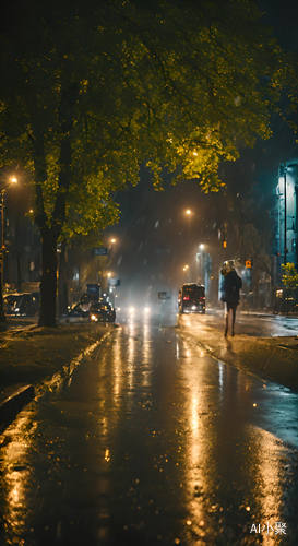 春夜雨下 街道背影 车辆行驶 树木掩映真实相机拍摄