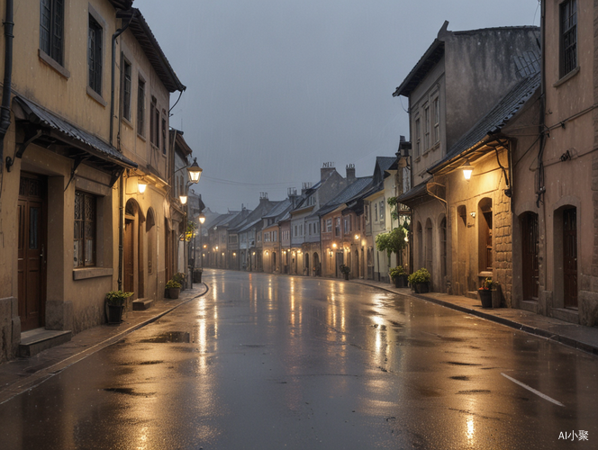 宁静惬意的小雨下的风景如画小镇