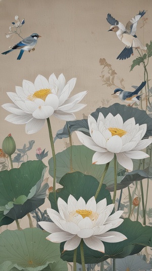 a painting shows birds in a lotus, in the style of white and gray, romantic illustration, monumental murals, gutai group, realistic color schemes, cloisonnism, wlop v 6.0 ar 9:16