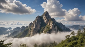 描绘泰山的壮观景象，天空中云雾缭绕，山峰巍峨。