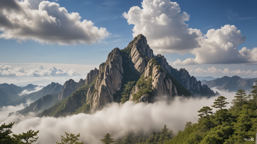 泰山：云雾缭绕，山峰巍峨