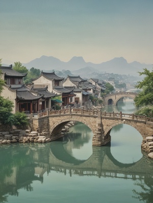 A super huge stone stone arch bridge, farmers, lake, there are many Chinese buildings in the distance, Chinese aesthetics, Song Dynasty murals,minimalism, Song Huizong, Surrealistic Chinese architecture, cyan green and light rice tones, historical paintings, ultra-fine details, Oriental aesthetics, landscape painting一座超级巨大的石拱桥，农民，湖泊，远处有许多中国建筑，中国美学，宋代壁画，极简主义，宋徽宗，超现实主义的中国建筑，青绿色和浅大米色调，历史绘画，超精细的细节，东方美学，山水画#AI #水乡 #宋朝 #midjourney #宋朝生活风貌 #宋朝历史