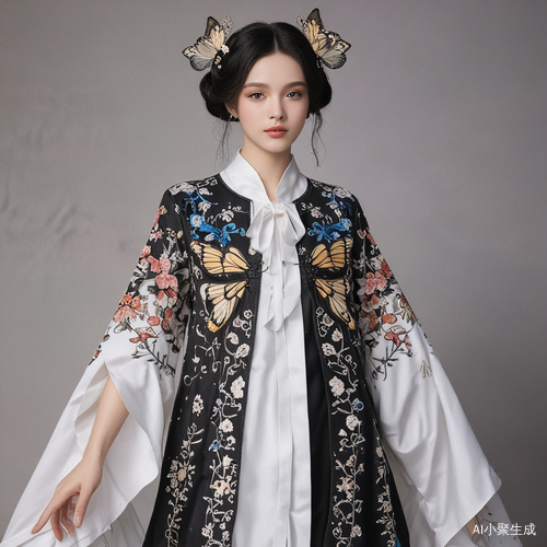 高级蝴蝶元素走秀，中国刺绣彩色长裙高鼻梁模特