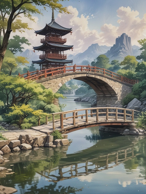 painting of a bridge over a river with a pagoda in the background, scenery artwork, anime beautiful peace scene, anime background art, beautiful anime scenery, beautiful anime scene, anime landscape, anime background, anime landscape wallpaper, japanese art style, anime scenery, beautiful anime artwork, detailed scenery —width 672, chinese watercolor style, traditional japanese concept art, a beautiful artwork illustration