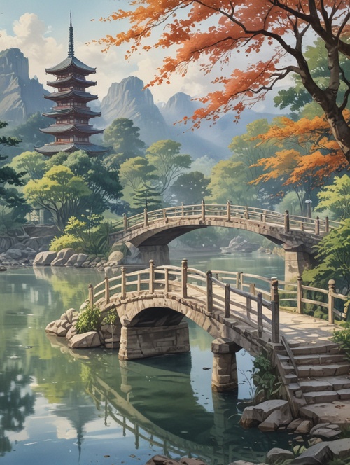 painting of a bridge over a river with a pagoda in the background, scenery artwork, anime beautiful peace scene, anime background art, beautiful anime scenery, beautiful anime scene, anime landscape, anime background, anime landscape wallpaper, japanese art style, anime scenery, beautiful anime artwork, detailed scenery —width 672, chinese watercolor style, traditional japanese concept art, a beautiful artwork illustration