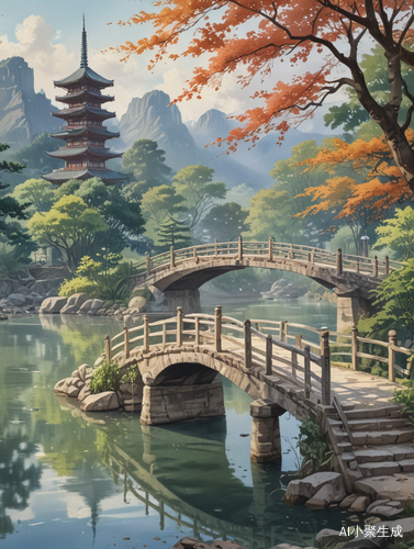 Anime Bridge over River with Pagoda: Beautiful Scenery