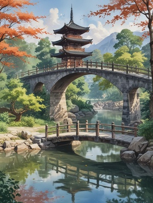 painting of a bridge over a river with a pagoda in the background, scenery artwork, anime beautiful peace scene, anime background art, beautiful anime scenery, beautiful anime scene, anime landscape, anime background, anime landscape wallpaper, japanese art style, anime scenery, beautiful anime artwork, detailed scenery —width 672, chinese watercolor style, traditional japanese concept art, a beautiful artwork illustration