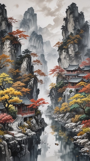 中国风格，山水画，彩色墨水，重墨水，色彩艳丽，白色背景，高分辨率，最佳画质，最佳质量，oc渲染，8K，超真实感逼真，超细节