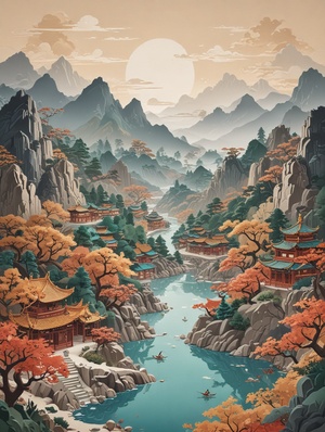 中国山水立体剪纸海报关键词：Chinese landscape illustration, Multidimensional paper cut, naturallight, best quality, ultra-detail, OC renderer, simple scene 3D, C4D, 16k翻译：中国风景插画，多维剪纸，自然光，最佳质量，超细节，OC渲染器，简单场景3D, C4D, 16k#Ai绘画 #ai #midjourney关键词 #海报 #海报设计 #素材分享 #中国山水画 #剪纸 #中式 #设计师 #海报