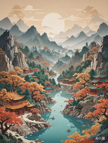 中国山水剪纸插画海报设计