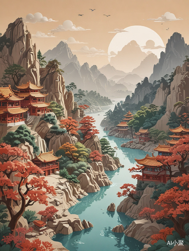 中国山水剪纸插画海报设计