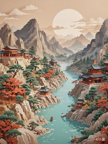 中国山水剪纸插画海报设计