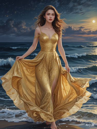 Hand-painted Girl: Delicate Features in a Gold Evening Gown Walking Barefoot on Sea