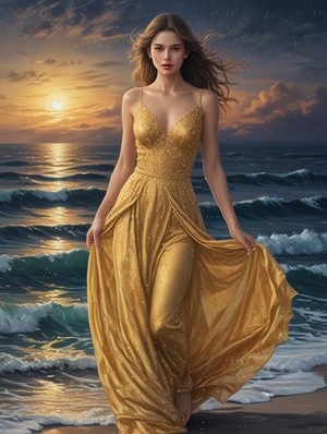 Hand-painted, illustrated, a girl, delicate features, wearing a gold evening gown, walking barefoot on the sea, dynamic movements, starlight, night sky, realistic picture quality, HD 8k翻译：手绘，插画，一个女孩，精致的五官，穿着金色的晚礼服，光脚走在海面上，动态动作，星光闪耀，夜空，逼真的画质，高清8k#ai #Ai绘画 #ai关键词 #midjourney关键词 #AI绘画有点东西 #绘画 #浪漫 #女孩 #海 #创意 #艺术 #素材 #设计师