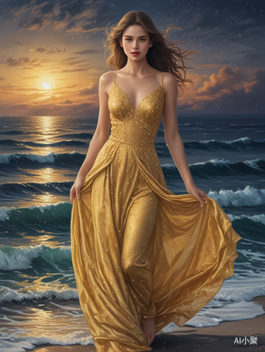 Hand-painted Girl: Delicate Features in a Gold Evening Gown Walking Barefoot on Sea