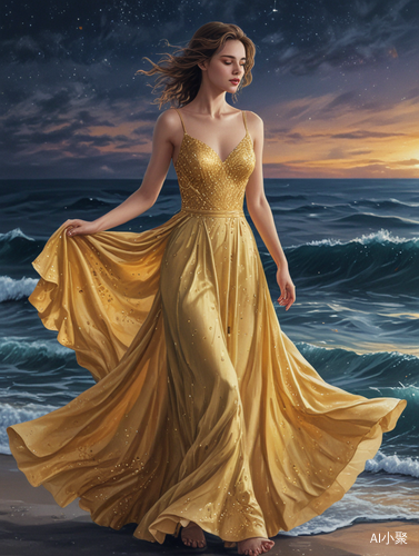 Hand-painted Girl: Delicate Features in a Gold Evening Gown Walking Barefoot on Sea