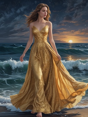 Hand-painted Girl: Delicate Features in a Gold Evening Gown Walking Barefoot on Sea