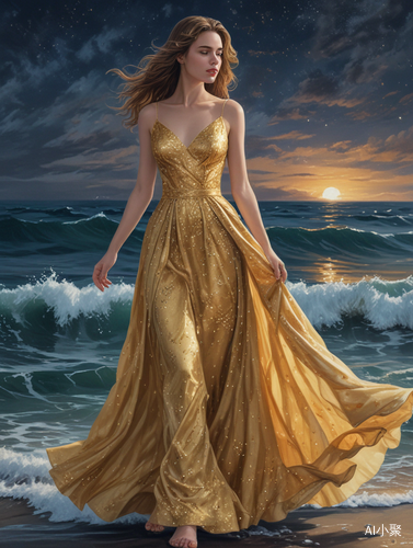 Hand-painted Girl: Delicate Features in a Gold Evening Gown Walking Barefoot on Sea