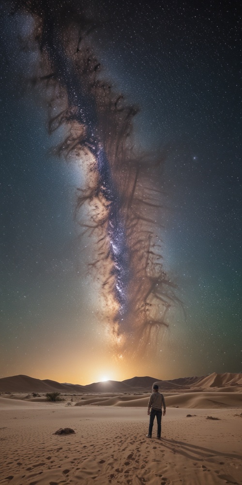 太空，背景是银河系，爆发的超新星，前景是敦煌飞天，回首凝望