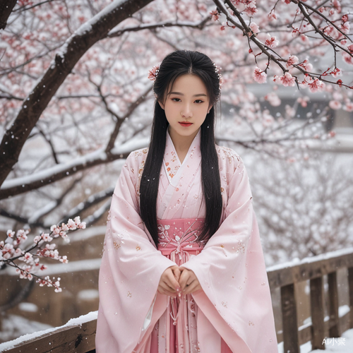 大雪纷飞中女生穿汉服，优雅美丽