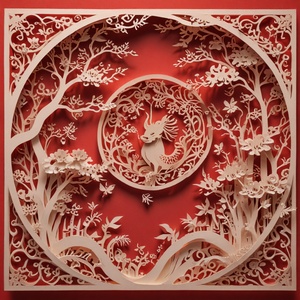 剪纸作品，中国新年，想象，精妙，镂空设计，光影，3D，红色背景