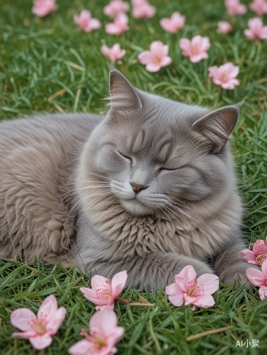 桃花季节，可爱的英短蓝猫在草地上温馨入眠