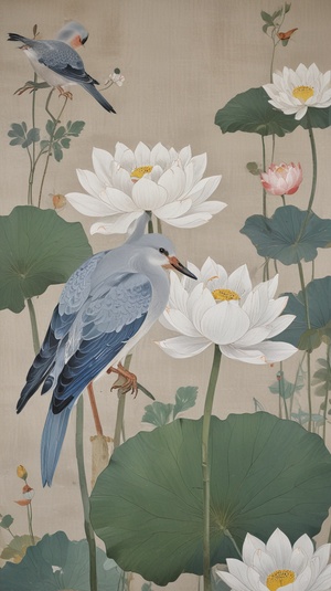 a painting shows birds in a lotus, in the style of white and gray, romantic illustration, monumental murals, gutai group, realistic color schemes, cloisonnism, wlop v 6.0 ar 9:16