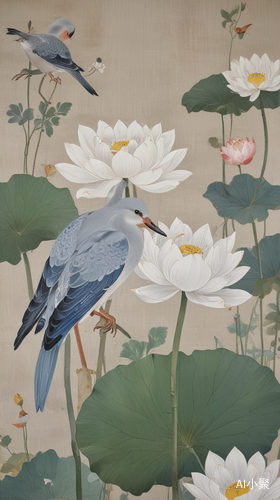 Romantic Illustration of Birds in Lotus