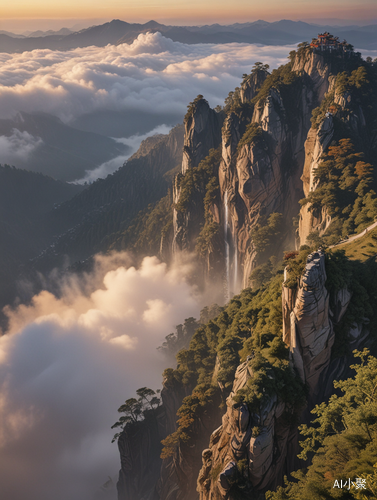 中国庐山的险峻山峰、瀑布与夕阳的超逼真大师作品