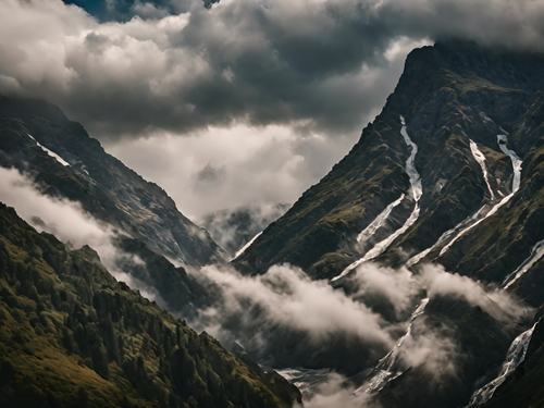 层层叠叠的高山、云雾缭绕、瀑布穿越而过、飞流直下