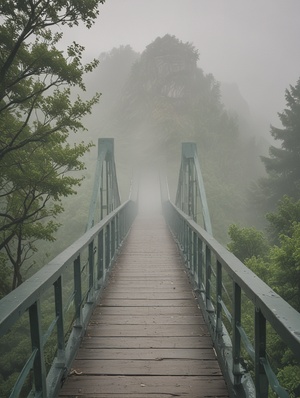 On a cloudy day, asuspension bridge, there are trees on both sides of the bridge, green trees,theopposite of the bridge is a mountain, the mountain is foggy, cinematic shot,very hazy. realistic shooting, high quality, high definition, 16k v 6.0 ar 3:4 s 800