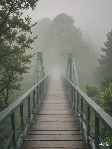 Cloudy Day Suspension Bridge with Foggy Mountain