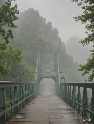 Cloudy Day Suspension Bridge with Foggy Mountain