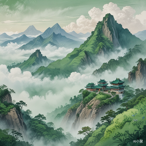 中国风手绘插画：国潮山中青山云雾