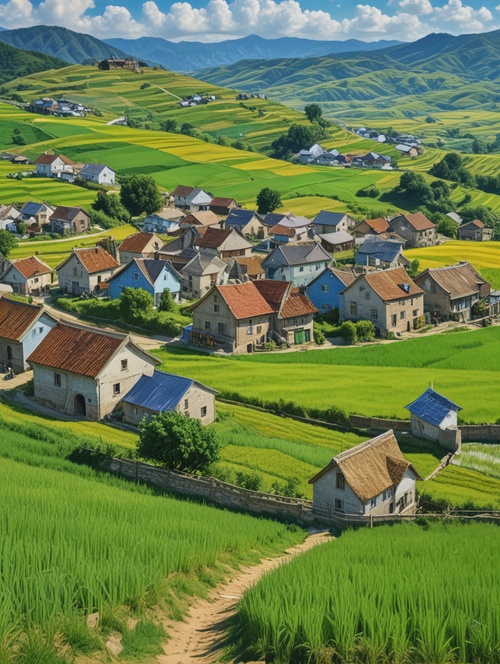 美丽村庄，村庄特写近景,稻田，山丘，莫奈风式的绿野仙踪，迷人的情感意象，蓝色天空和嫩绿色草地，梵高画作风格，2d-ar 9:16-niji 5