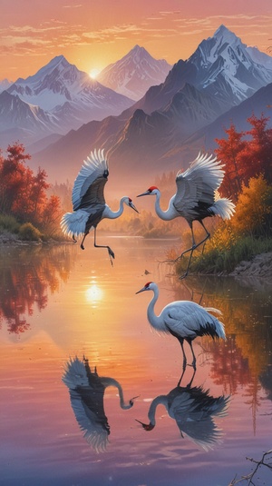 Beautiful Bessel Lake in Xinjiang, sunrise, sparkling water, two red-crowned cranes foraging, romantic realism style, impressionist scenery, luminous scenery, freehand brushwork painting and fantasy scenery.