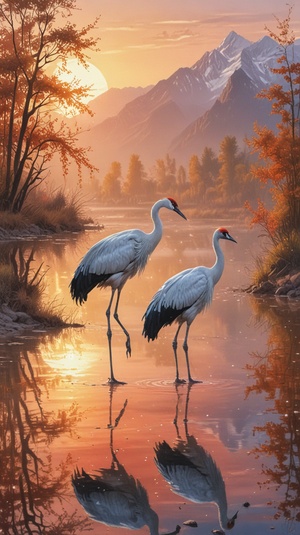 Beautiful Bessel Lake in Xinjiang, sunrise, sparkling water, two red-crowned cranes foraging, romantic realism style, impressionist scenery, luminous scenery, freehand brushwork painting and fantasy scenery.