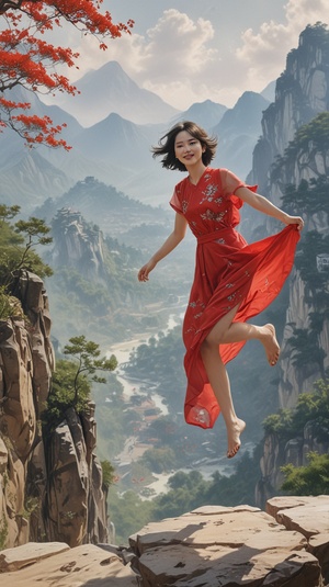 best quality,highres,masterpiece,ultra detailed,Chinese style,Chinese fashion,beautiful and lovely girl,jump,looking at viewer,(smile:0.6),short hair,red Dress,maxi dress,mountain background,ink painting,