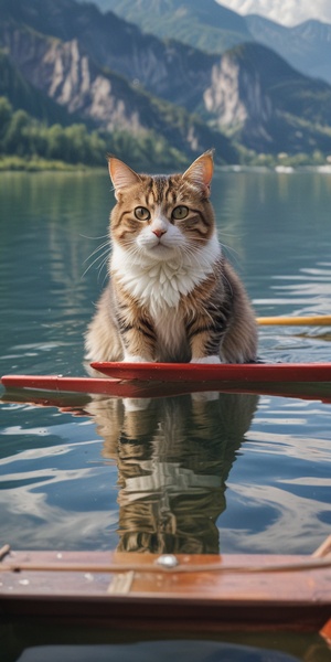 可爱的小猫咪在湖面上划船。它身穿一件迷你船员制服，正在专注地操作红色木质划船桨。湖水清澈见底，微风吹拂着猫咪的柔软毛发，水波荡漾起涟漪。周围群山环绕，蓝天白云映照在湖面上，船的倒影清晰可见。猫咪眼神灵动，带着天真的笑容，航行在宁静的湖面上，仿佛探索着未知的领域。