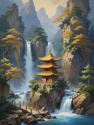 鎏金山河｜Midjourney附咒语喜欢的宝们可以点赞收藏哦咒语：Klein Blue Dragon Pagoda Waterfall. Gold Blue Mountains. Pavilions and Trees. Gilding with Liquid Gold Flowing. Minimal Color Field. Freehand Brushwork. Blank- Leaving Technique. Organic Forms. Simple Blue Background.@艺术薯 #Midjourney #ai绘画 #我和ai有画说 #咒语 #鎏金 #国风 #插画