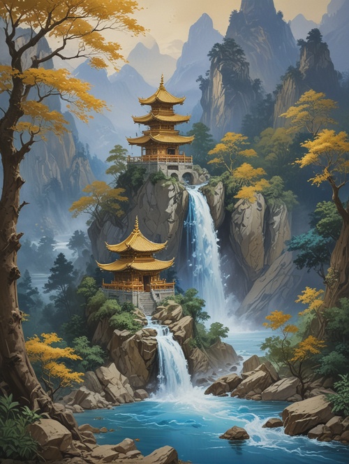 鎏金山河｜Midjourney附咒语喜欢的宝们可以点赞收藏哦咒语：Klein Blue Dragon Pagoda Waterfall. Gold Blue Mountains. Pavilions and Trees. Gilding with Liquid Gold Flowing. Minimal Color Field. Freehand Brushwork. Blank- Leaving Technique. Organic Forms. Simple Blue Background.@艺术薯 #Midjourney #ai绘画 #我和ai有画说 #咒语 #鎏金 #国风 #插画