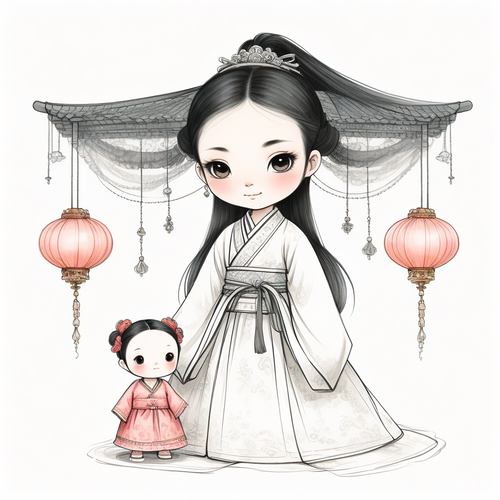 公主房子娃娃玩偶窗帘摆件白色背景线稿高清白描勾线
