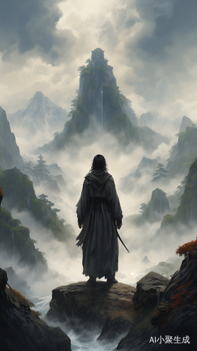 蜡笔画风格的侠客站在崎岖山峰上，苍鹰翱翔云霄