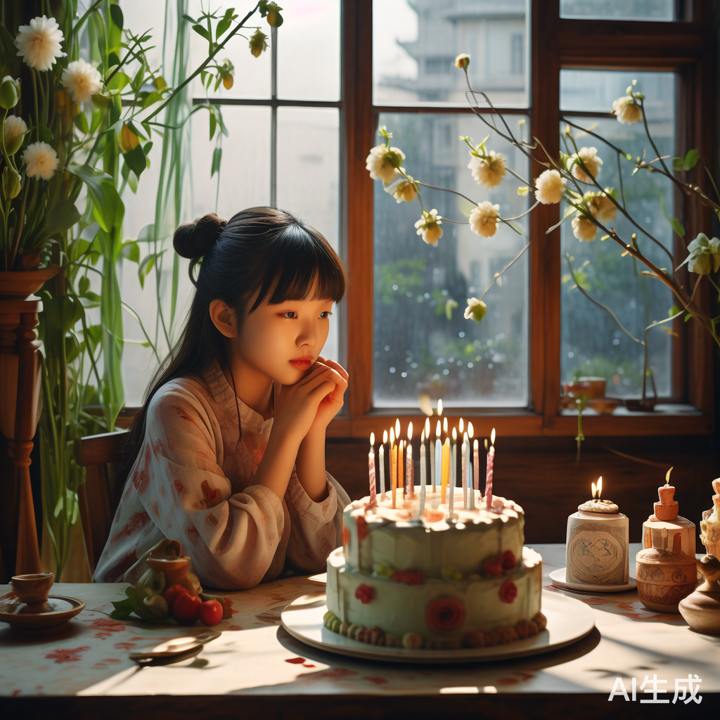 女孩在圆桌前许愿的春日生日蛋糕